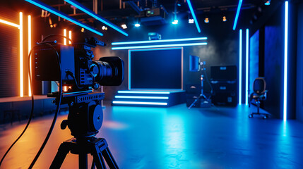 Live stream for online shopping in a modern studio with professional camera and neon lights, interactive and dynamic.
