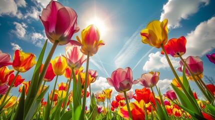 Fototapeta premium A beautiful desktop wallpaper capturing a vibrant tulip field in full bloom, with rich, saturated colors and clear, detailed flowers under a bright sky. An inspiring and cheerful scene