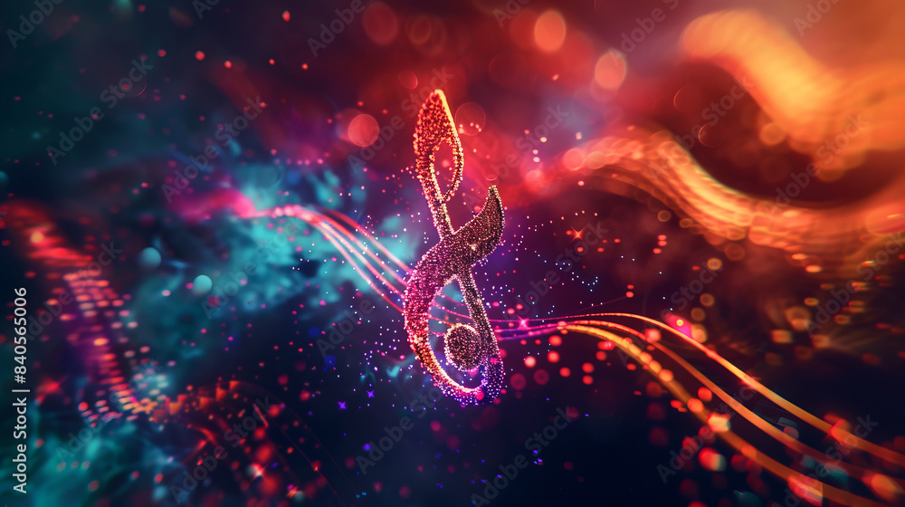 Aufkleber musical note floating in vibrant abstract background with colorful light trails and bokeh effect.