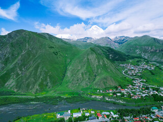 Mount Kazbek in Georgia background - aerial drone shot.