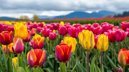 A panoramic view of a vibrant tulip field in full bloom, with colorful tulips filling the foreground and distant hills in the background. Perfect for an eye-catching and vibrant desktop wallpaper