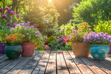 A charming garden scene with colorful flowerpots on a wooden deck, bathed in warm sunlight, evoking a sense of peace and natural beauty