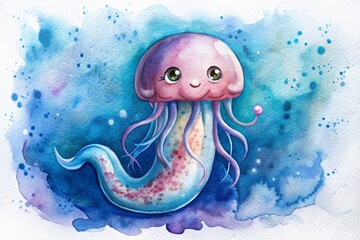 Cute watercolor illustration of a jellyfish with the letter J.