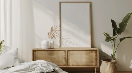 A serene bedroom featuring a rectangular frame mockup on a wooden cabinet, with soft, neutral tones and minimalist furnishings. Natural light enhances the peaceful, contemporary design