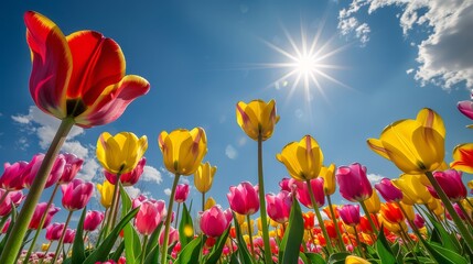 Obraz premium A stunning desktop wallpaper featuring a vibrant tulip field in full bloom, showcasing a mix of red, yellow, and pink tulips under the bright sun. Crisp and vivid colors for a lively display