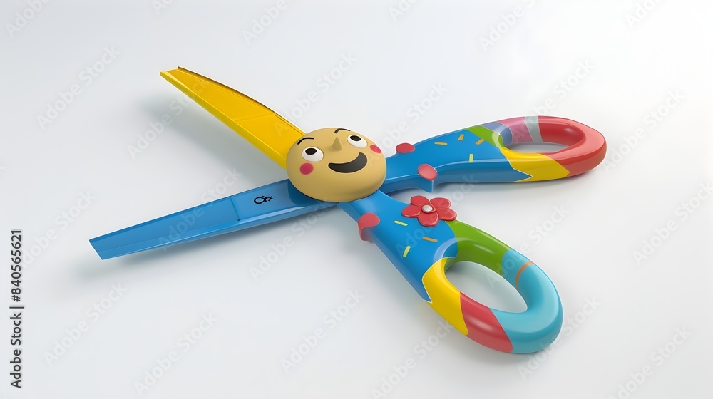 Poster whimsical 3d render of smiling clay scissors with colorful handles on white background
