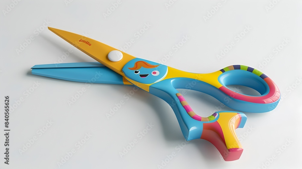 Poster whimsical clay-style scissors with smiling face and colorful handles on white background