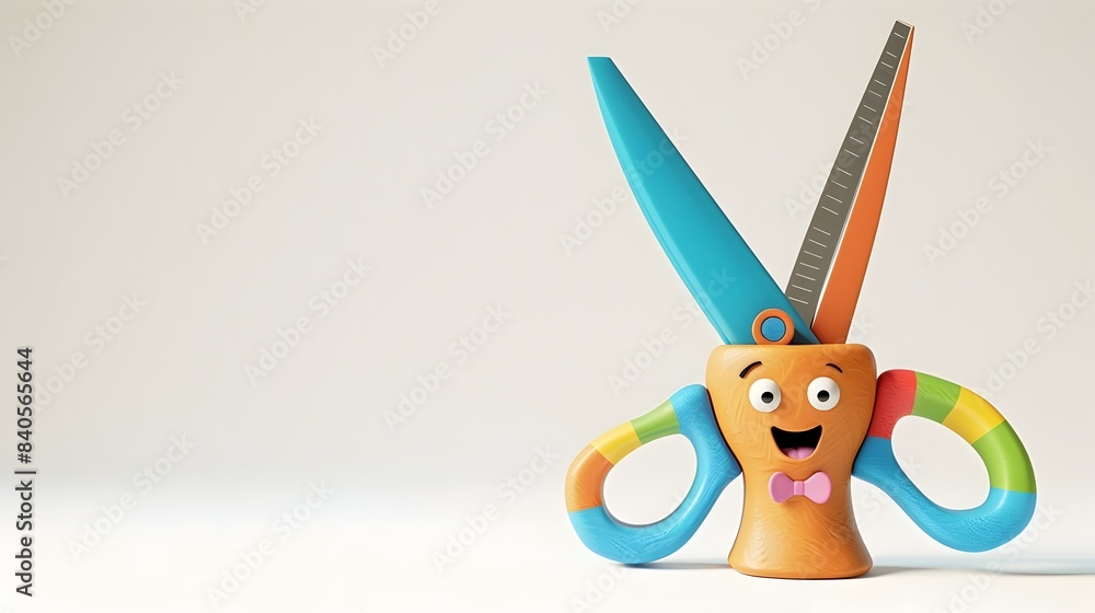 Poster whimsical clay scissors with smiling face and colorful handles on white background