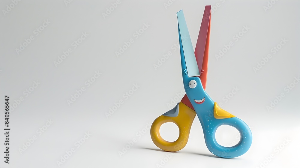 Poster whimsical 3d render of smiling clay-style scissors on white background
