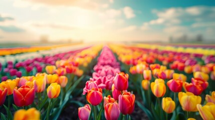 A vibrant tulip field in full bloom under a bright and sunny sky, with rows of colorful tulips creating a mesmerizing pattern. Realistic photo perfect for a breathtaking and vivid desktop wallpaper