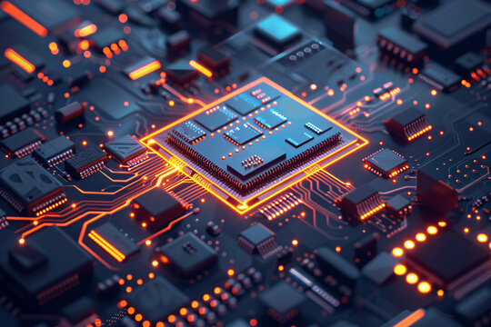 Chiplets technology: Depict an advanced computing device powered by chiplets, showcasing its compact efficiency and power