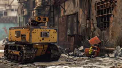 Weathered bomb disposal robot navigating debris in an abandoned urban area, showcasing wear and rust on its yellow frame.