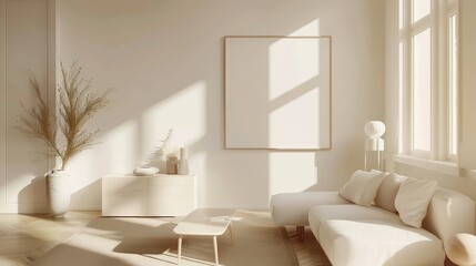 Bright minimalist living room with a rectangular frame mockup, sunlight casting soft shadows, white furniture, and light wood floors, wide-angle shot from corner