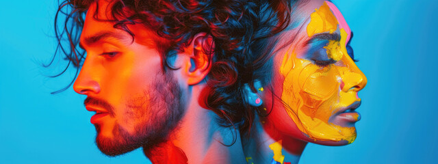 Panoramic shot of a brightly painted man and woman, with the man's realistic face on the left and the woman's textured face on the right.  Creative and artistic representation of the two individuals.