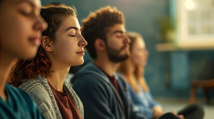 Young woman meditating in a group session with eyes closed, soft lighting, and diverse group in background.