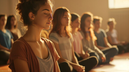 Fototapeta premium Young woman meditating in a group session with eyes closed, soft lighting, and diverse group in background.