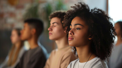 Fototapeta premium Young woman meditating in a group session with eyes closed, soft lighting, and diverse group in background.
