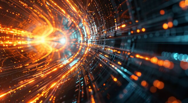 Digital background featuring futuristic technology, data and cyber elements. The scene includes glowing lines in orange and blue tones, creating an atmosphere of advanced tech innovation.