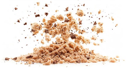 pile of cake crumbs and cookie pieces flying isolated on white with clipping path product photo