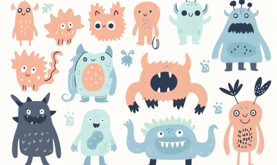 Cute Tiny Little Doodle Monsters drawn with a smile. A colorful modern set with colorful elements. Trendy illustration for children. All elements are isolated.
