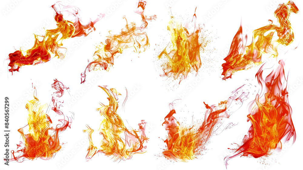 Poster a collection of nine isolated fire flames, each with its own unique form and character. the flames a