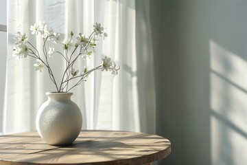 Stylish Scandinavian minimalistic interior with round wooden table and vase with white flowers