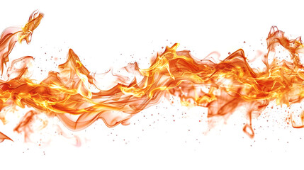 A single, flowing stream of fire flames is isolated on a white background, showcasing the intricate details of the burning embers and their vibrant colors.