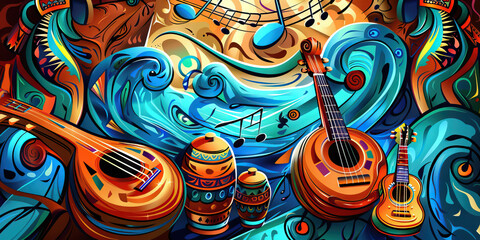 Tribal Rhythms: Music Notes Combined with Tribal Art and Instruments in a Cultural Setting