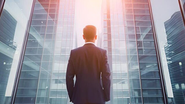 A confident businessman in a suit stands before towering modern skyscrapers, symbolizing ambition, leadership, and the pursuit of success in the corporate world.