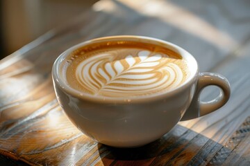 Close-up of a cup of latte art on a wooden table.
