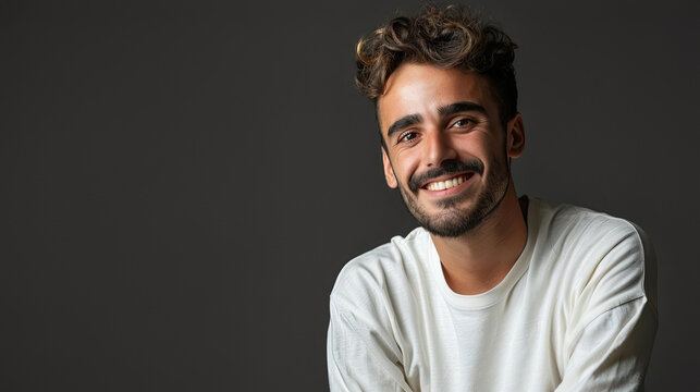 A cheerful man posing for a portrait, represents confidence and joy, with copy space