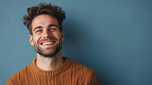 A cheerful man posing for a portrait, represents confidence and joy, with copy space