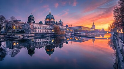 reichstag building reflecting in river spree at dawn berlin landmarks travel photo