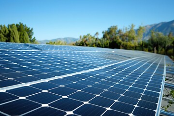 Solar panels spread across a field with a backdrop of mountains and clear skies.