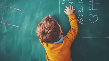 Young boy writing on green chalkboard; learning math and drawing shapes; back to school concept