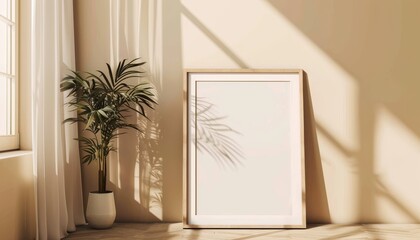 Cozy interior room with blank picture frame leaning against wall, soft lighting, and potted plant casting shadows from window. Minimalist design.