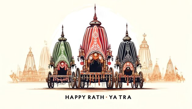 Watercolor illustration for rath yatra celebration with large decorated chariots.