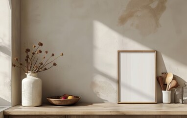 Minimalist interior design with a wooden table, empty picture frame, vase with dried flowers, and a bowl of fruit in sunlight.