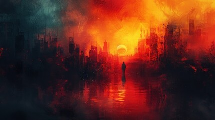 Lonely figure in apocalyptic city with sun
