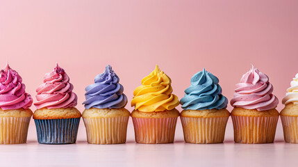 Colorful festive cupcakes lined row smooth colorful simple pink pattern colorful, minimalistic