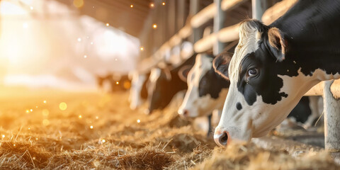 Dairy cows feeding in a barn illuminated by warm, golden sunlight during sunrise, capturing a serene and peaceful agricultural scene..