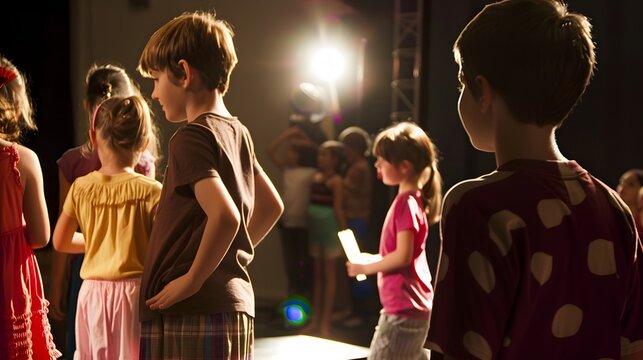 Children performing on stage during a lively theater rehearsal, illuminated by stage lights.