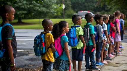 Obraz premium Children with backpacks lining up before school, excited and ready to start their day