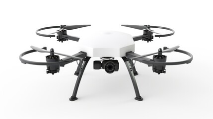 Naklejka premium a futuristic drone with four propellers and a camera. It is white and black and has a sleek design.