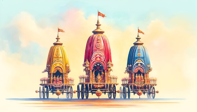 Watercolor illustration for rath yatra with large decorated chariots.