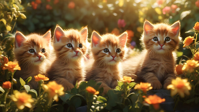 A group of brown-orange kittens stands with a forward gaze amidst a natural outdoor floral backdrop. For cute cats, kittens, and pet-related contents.