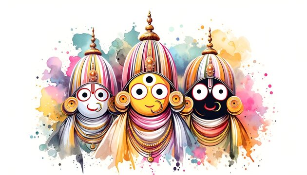 Watercolor illustration for Rath Yatra with three deity figures.