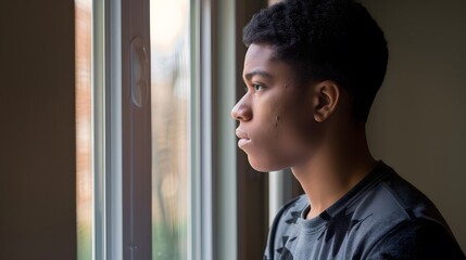 Thoughtful teenage boy gazing out of a window, contemplating life with a serene expression.