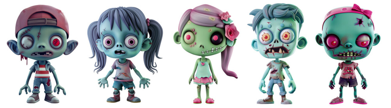 A set of cute zombies in cartoon 3d style, Halloween character, undead rendering, carved background