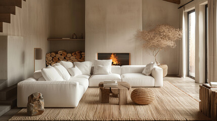 bellissimo soggiorno minimalista  di cemento e legno , con ampi divani chiari  e tappeto in raffia o bambù, grande televisore , luce naturale dalle enormi finestre